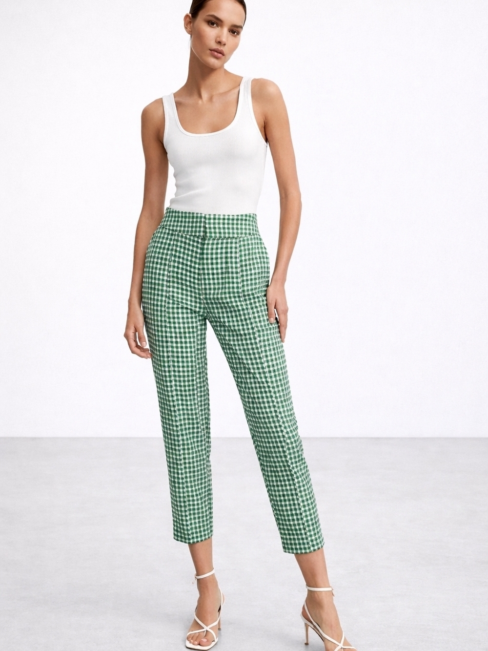 Zara Green Gingham High Waist Cropped Pants Size S Preppy Tailored Summer